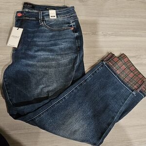 Judy Blue Dark Blue Straight Leg Jeans with Plaid Cuff